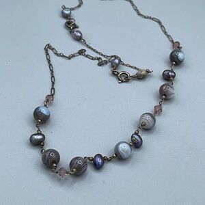 Sterling silver fresh water pearls ,agate & pink hand cut crystals necklace 18”.